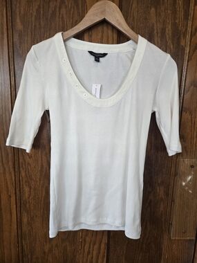 Banana Republic Cream Scoop Neck Short Sleeve Top with Button Detail